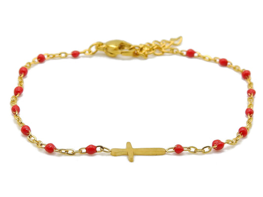 selection zen bracelet religieux réglable doré et rouge croix dorée et chaine de réglage dorée