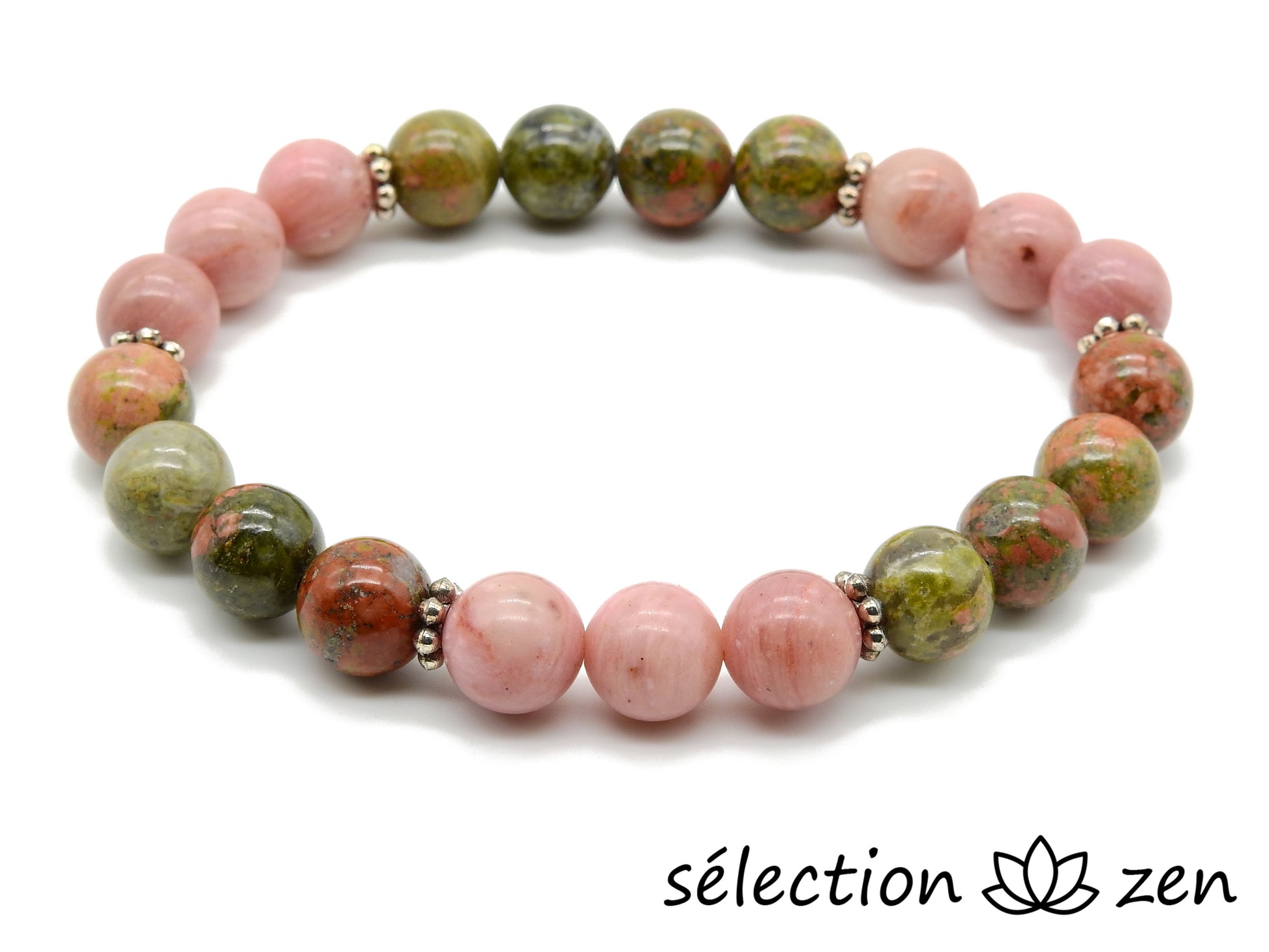 selection zen bracelet élastique 8mm duo unakite et rhodonite perles fantaisies argentées
