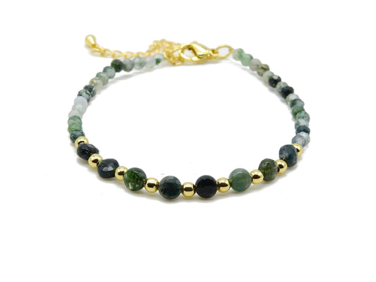selection zen bracelet réglable doré duo en perles à facettes 3mm et 4mm en agate mousse avec perles dorées et chaine de réglage dorée
