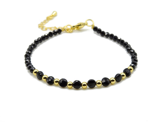 selection zen bracelet réglable doré duo à facettes 3mm et 4mm agate noire avec chaine de réglage dorée