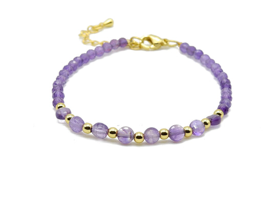 selection zen bracelet réglable doré duo perles à facettes en améthyste perles dorées et chaine de réglage dorée