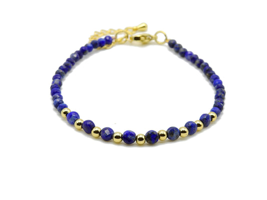 selection zen bracelet réglable doré duo perles à facettes lapis lazuli 3mm et 4mm avec perles dorées 2mm et chaine de réglage dorée