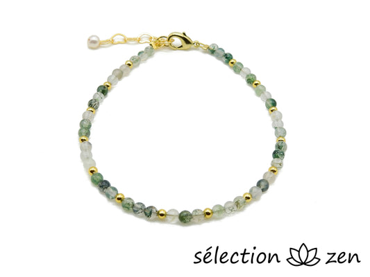 selection zen bracelet agate mousse 3mm réglable doré avec chaine coeurs