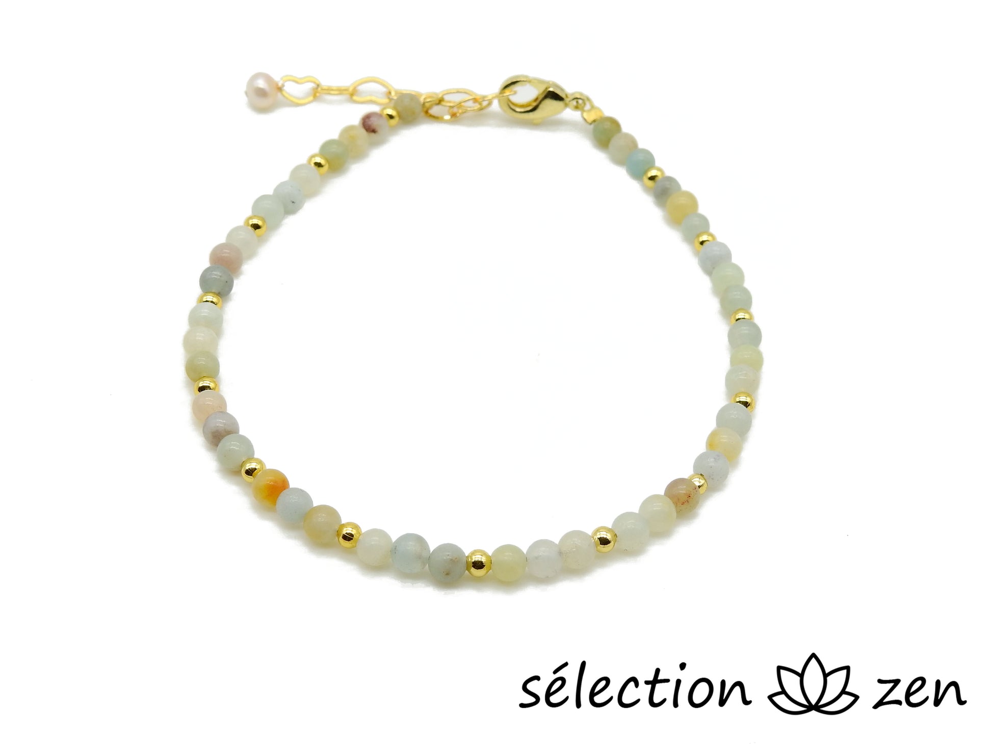 selection zen bracelet amazonite 3mm réglable doré avec chaine cœurs et perle d'eau douce