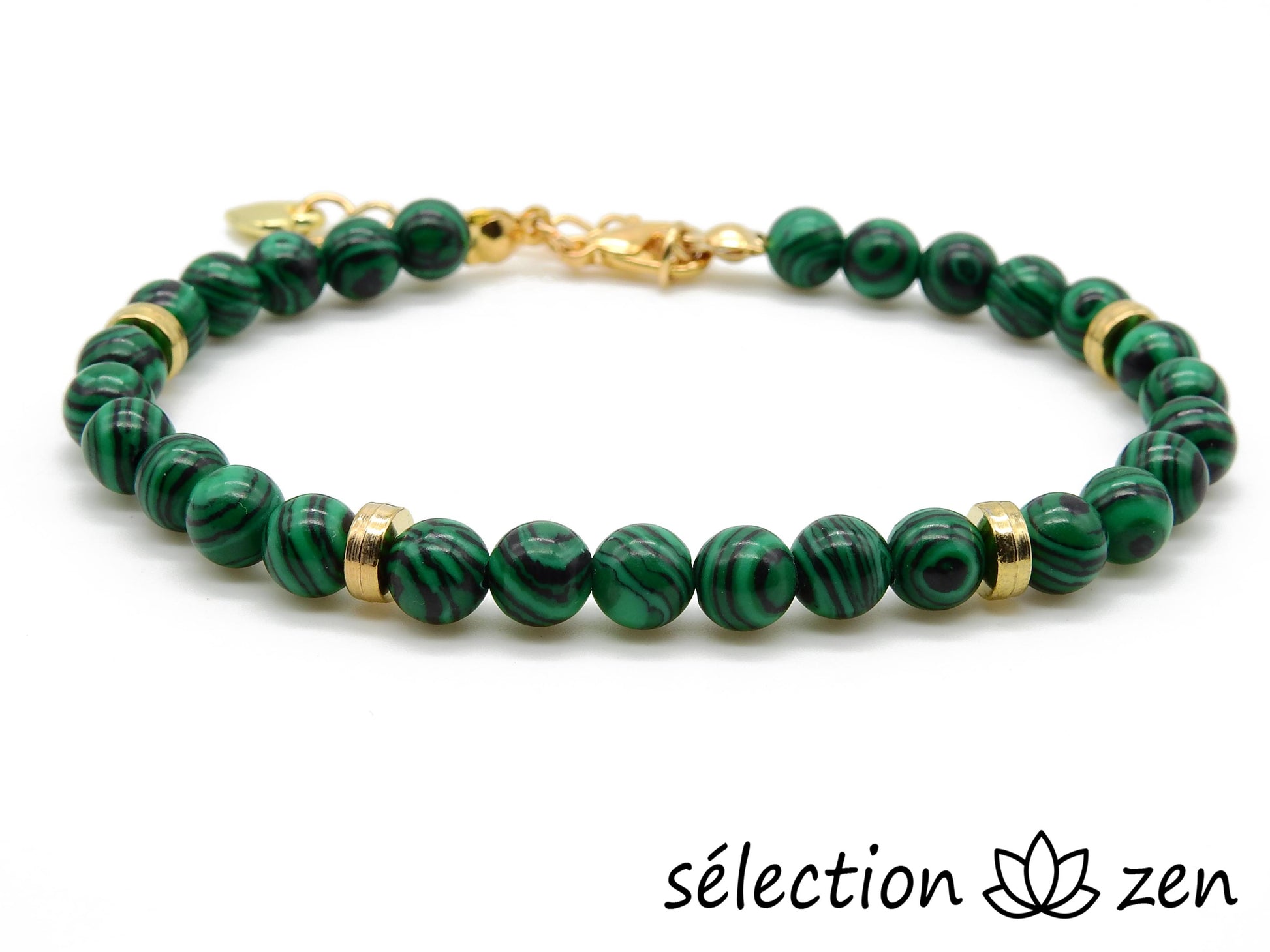 bracelet réglable malachite 6mm avec chainette dorée et coeur doré selection zen
