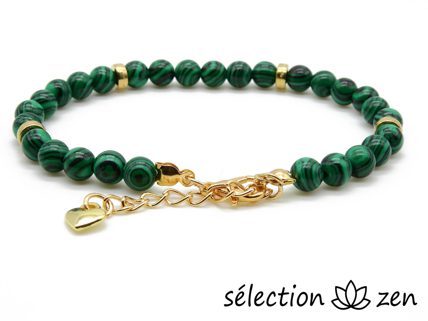 Bracelet réglable malachite reconstituée 6mm coeur doré