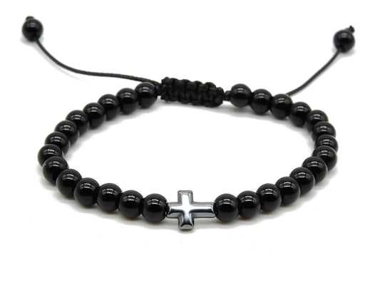 selection zen bracelet religieux réglable 6mm onyx noir brillant et croix hématite