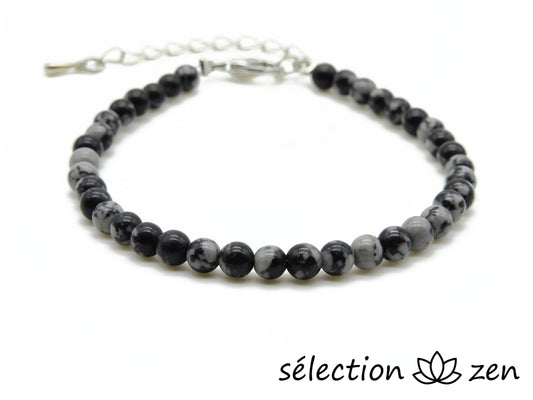 selection zen bracelet réglable argenté 4mm obsidienne flocon de neige