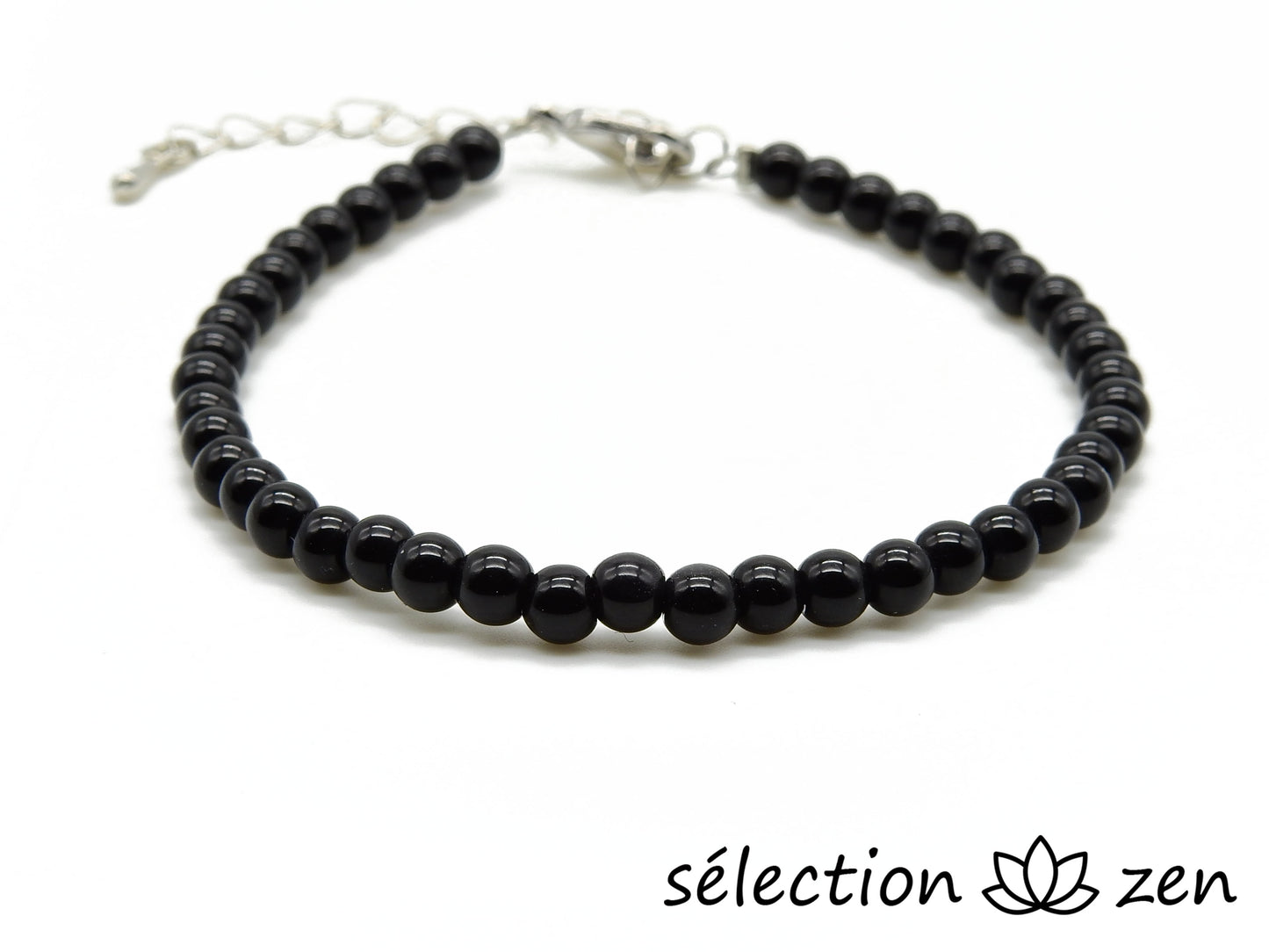 bracelet réglable argenté 4mm onyx noir brillant selection zen