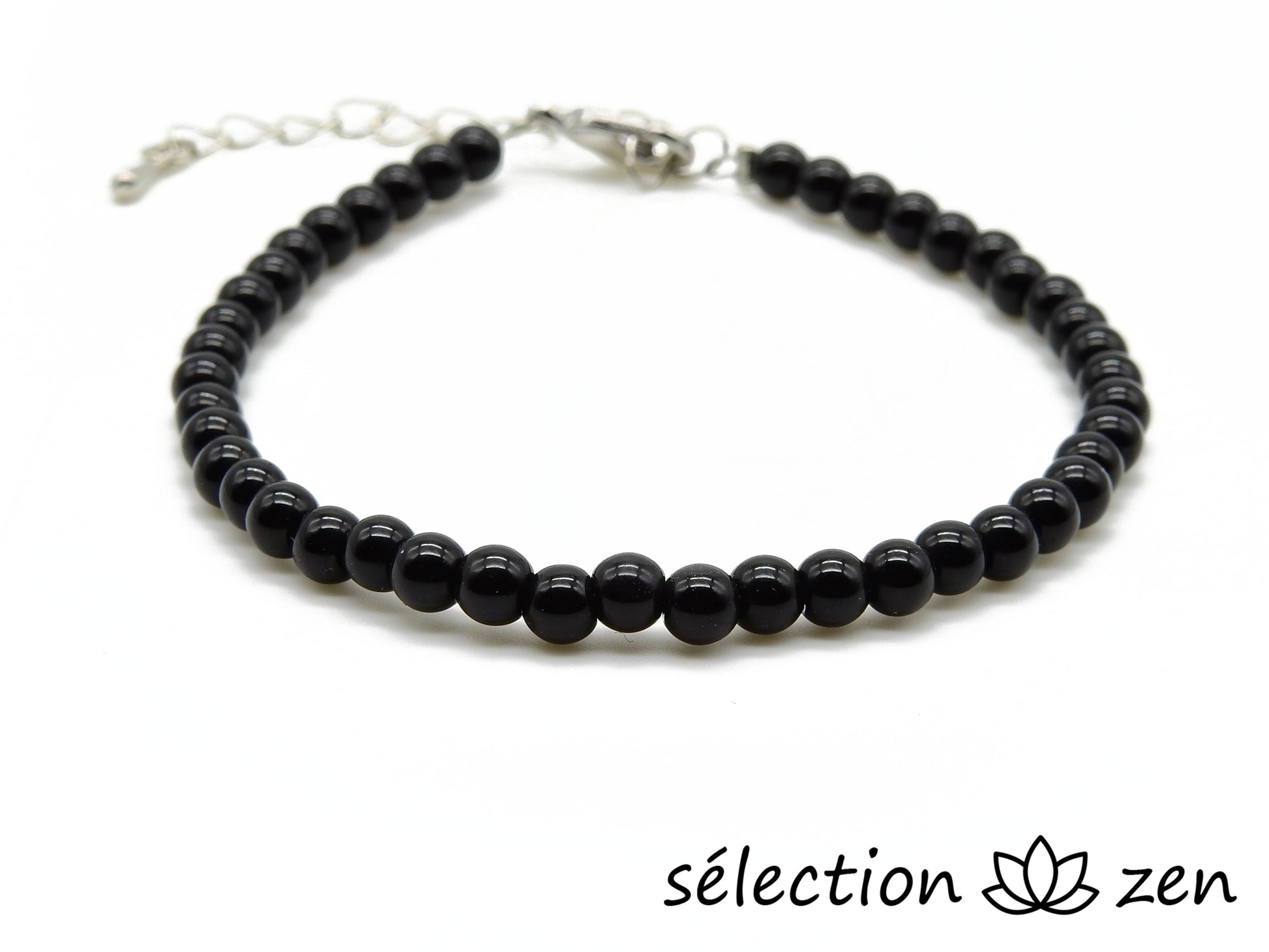 bracelet réglable argenté 4mm onyx noir brillant selection zen
