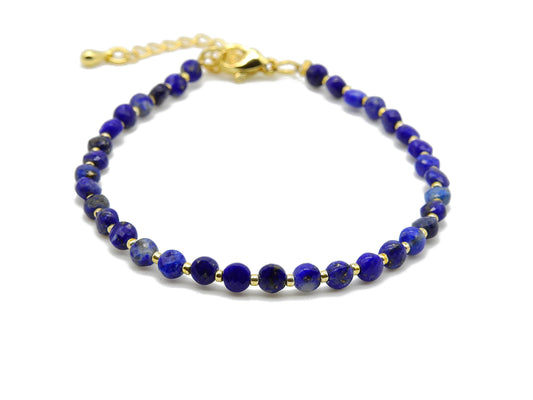 selection zen bracelet réglable doré perles à facettes en lapis lazuli et perles dorées avec chaine de réglage dorée