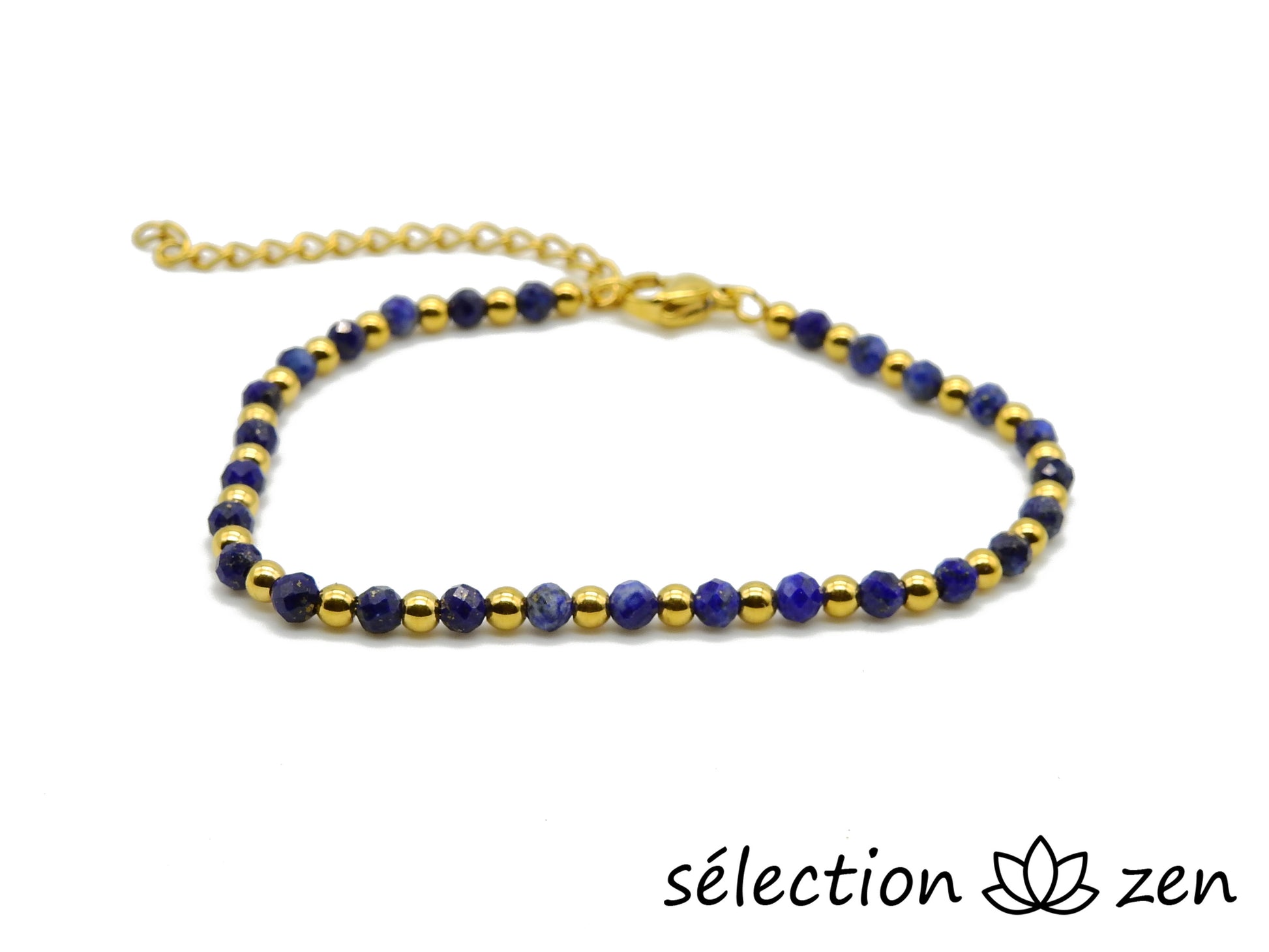 selection zen bracelet réglable doré lapis lazuli 3mm et perles fantaisie dorées 2mm ave chaine de réglage 5cm