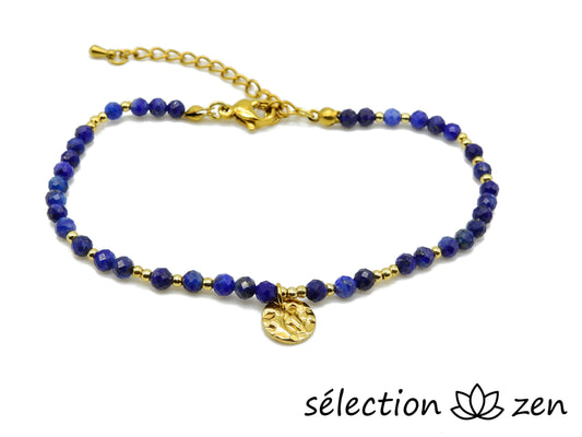 selection zen bracelet réglable doré lapis lazuli 3mm perles dorées et médaillon martelé doré