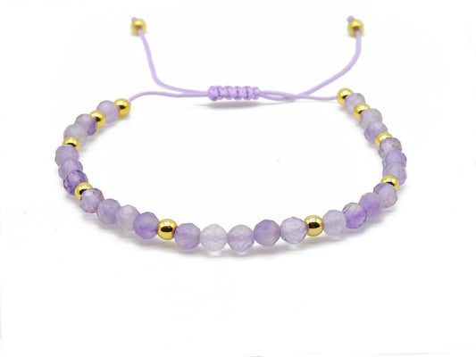 selection zen bracelet réglable perles à facettes 4mm améthyste avec perles dorées 3mm sur cordon violet