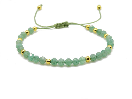 selection zen bracelet réglable perles à facettes 4mm aventurine et perles fantaisies dorées 3mm sur cordon vert