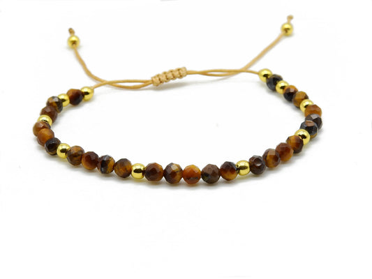 bracelet réglable perles à facettes 4mm œil de tigre jaune et perles dorées 3mm sur cordon doré selection zen