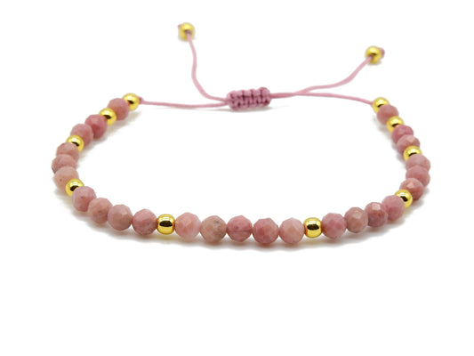 selection zen bracelet réglable perles à facettes 4mm rhodonite et perles dorées 3mm sur cordon rose