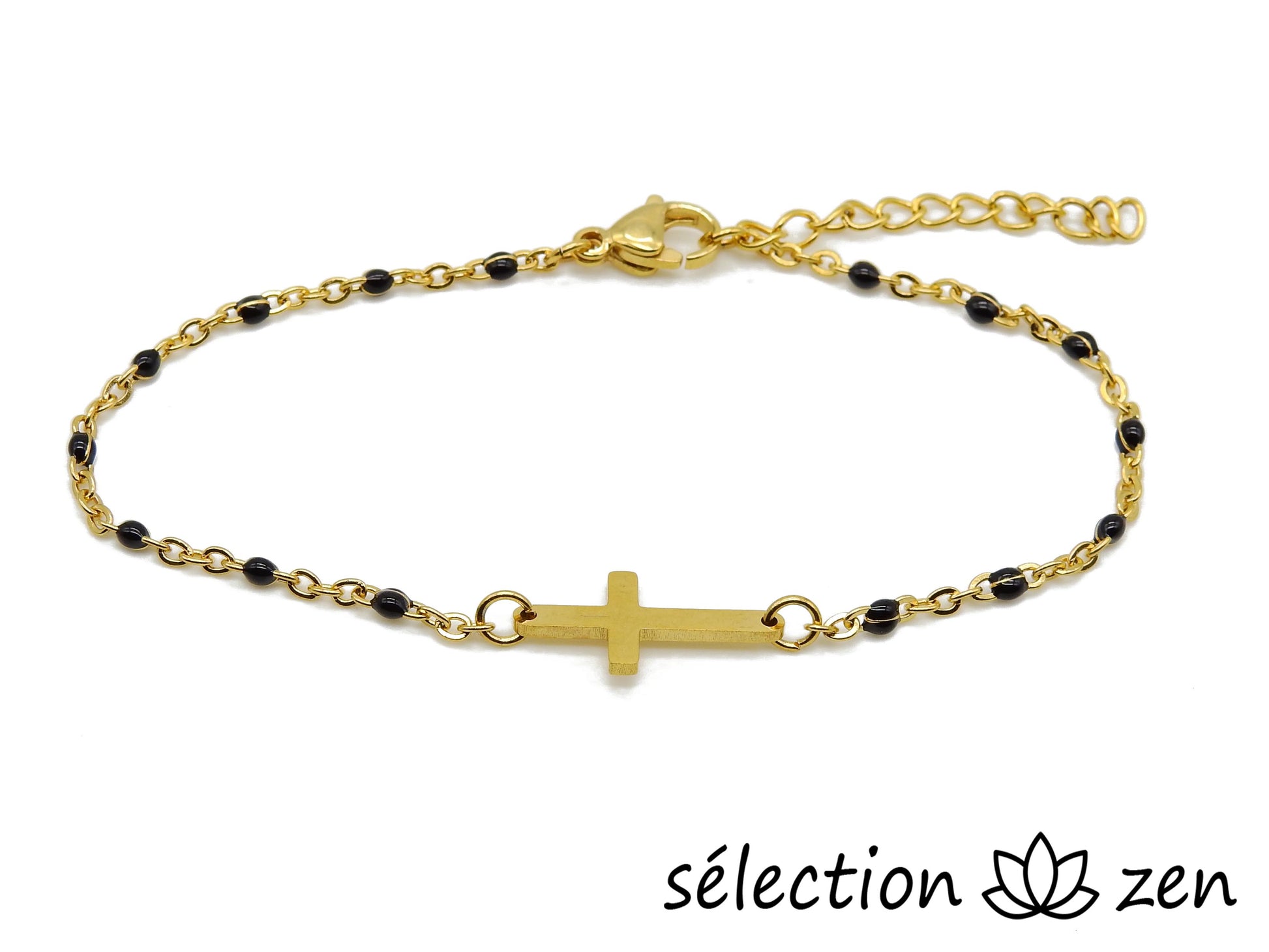 bracelet religieux croix doré et noir réglable selection-zen