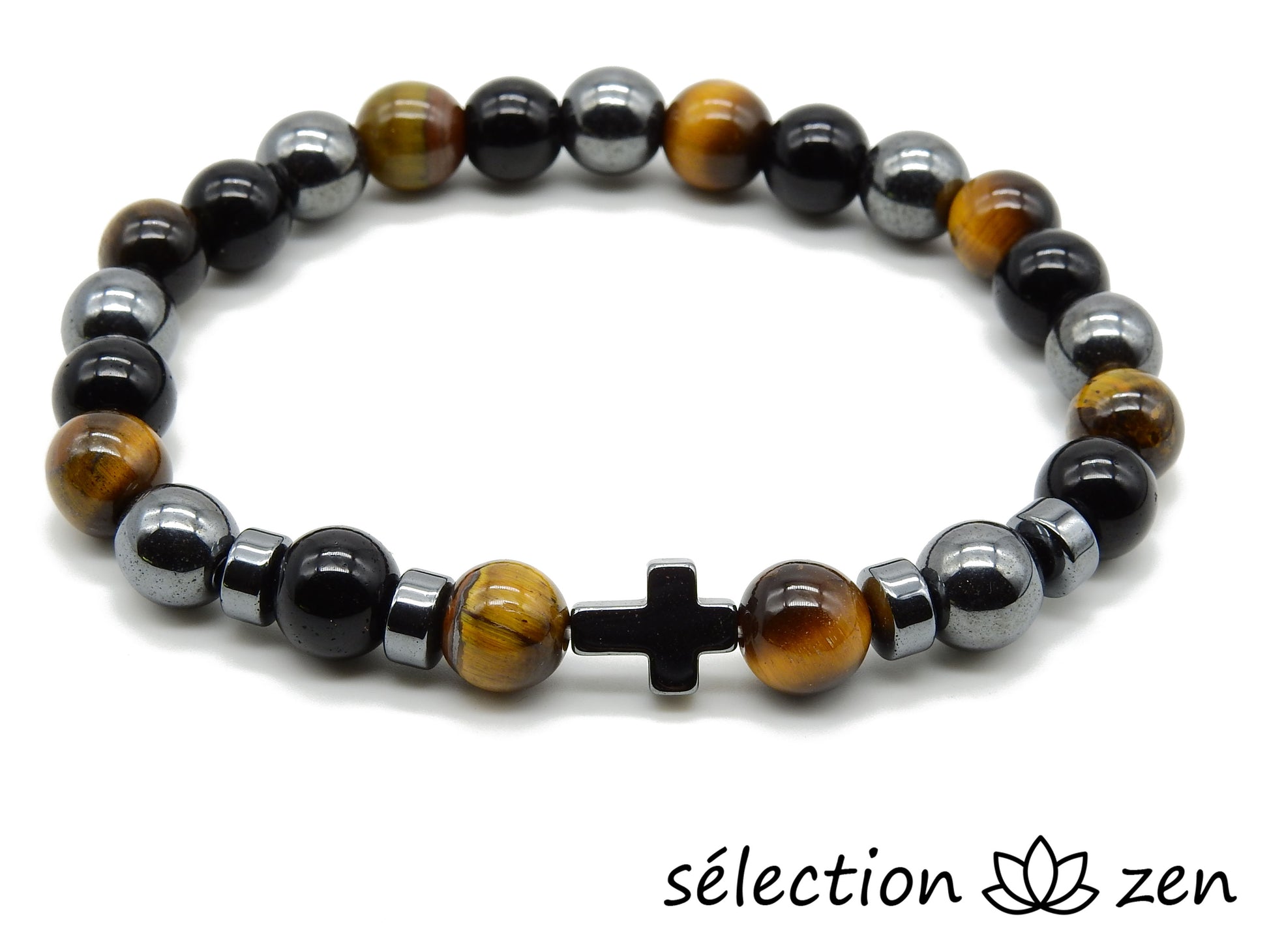 bracelet religieux croix hématite agate noire et oeil de tigre jaune 8mm