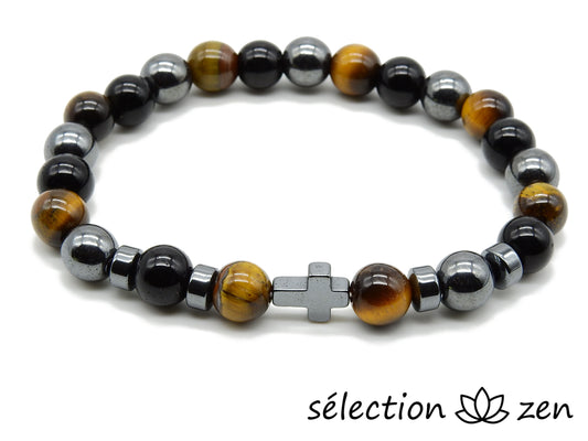 selection-zen bracelet religieux croix hématite agate noire et oeil de tigre jaune 8mm