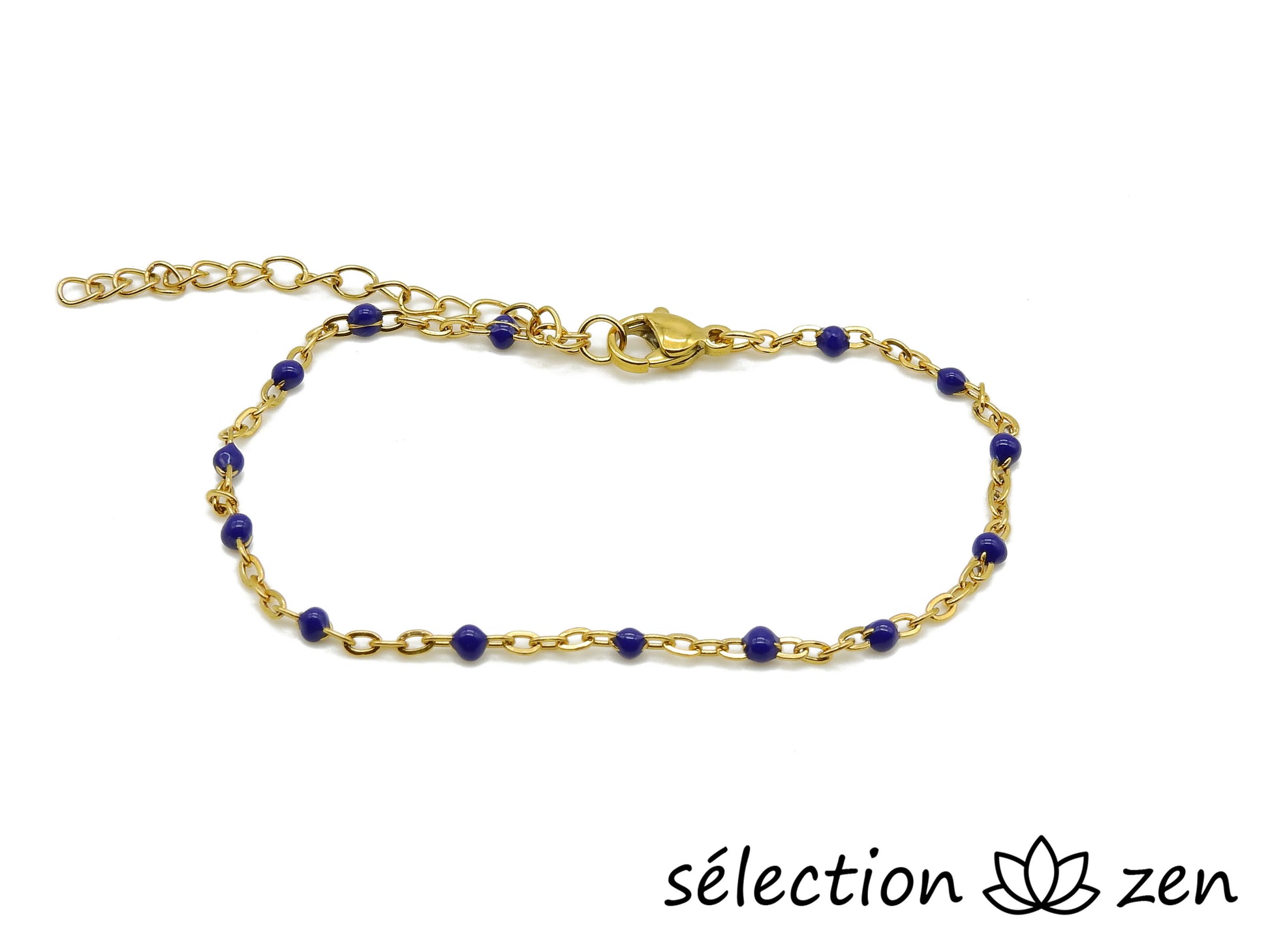 selection zen bracelet réglable simplicité bleu foncé et chaine dorée 