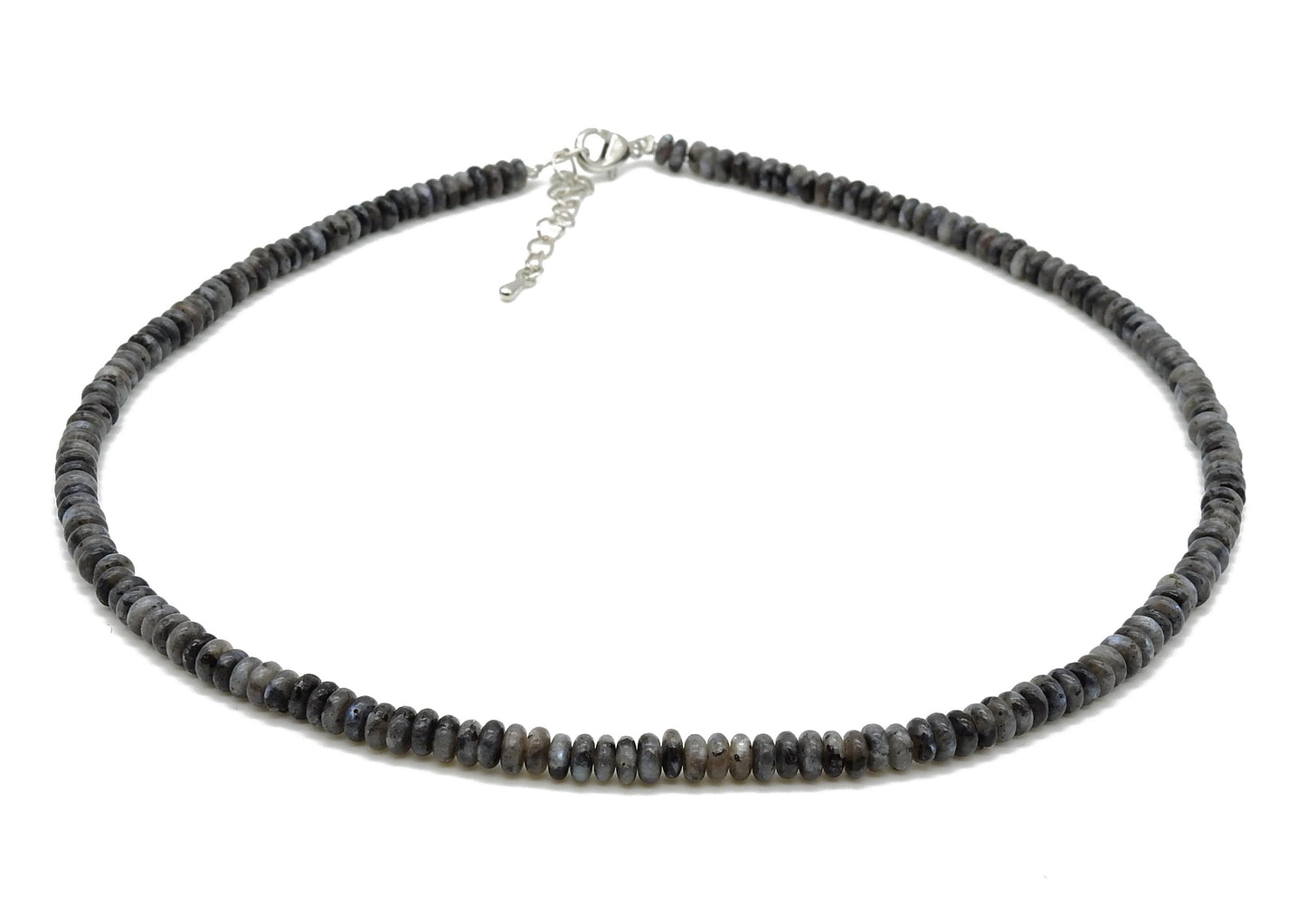 Collier argenté perles plates 4mm larvikite