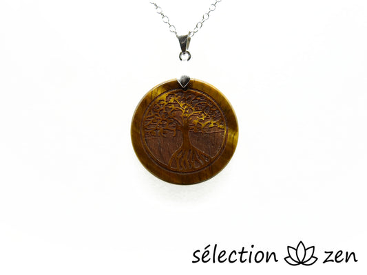 Collier arbre de vie gravé œil de tigre jaune