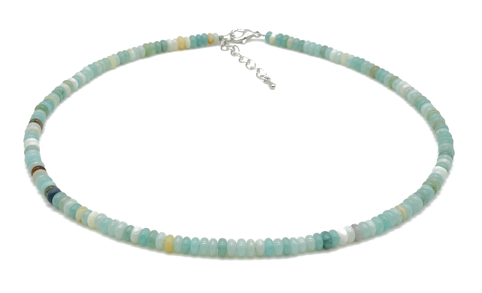 selection zen collier argenté perles plates 4mm amazonite avec chaine de réglage argentée