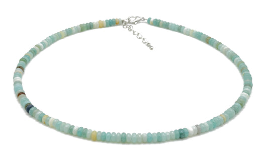 selection zen collier argenté perles plates 4mm amazonite avec chaine de réglage argentée
