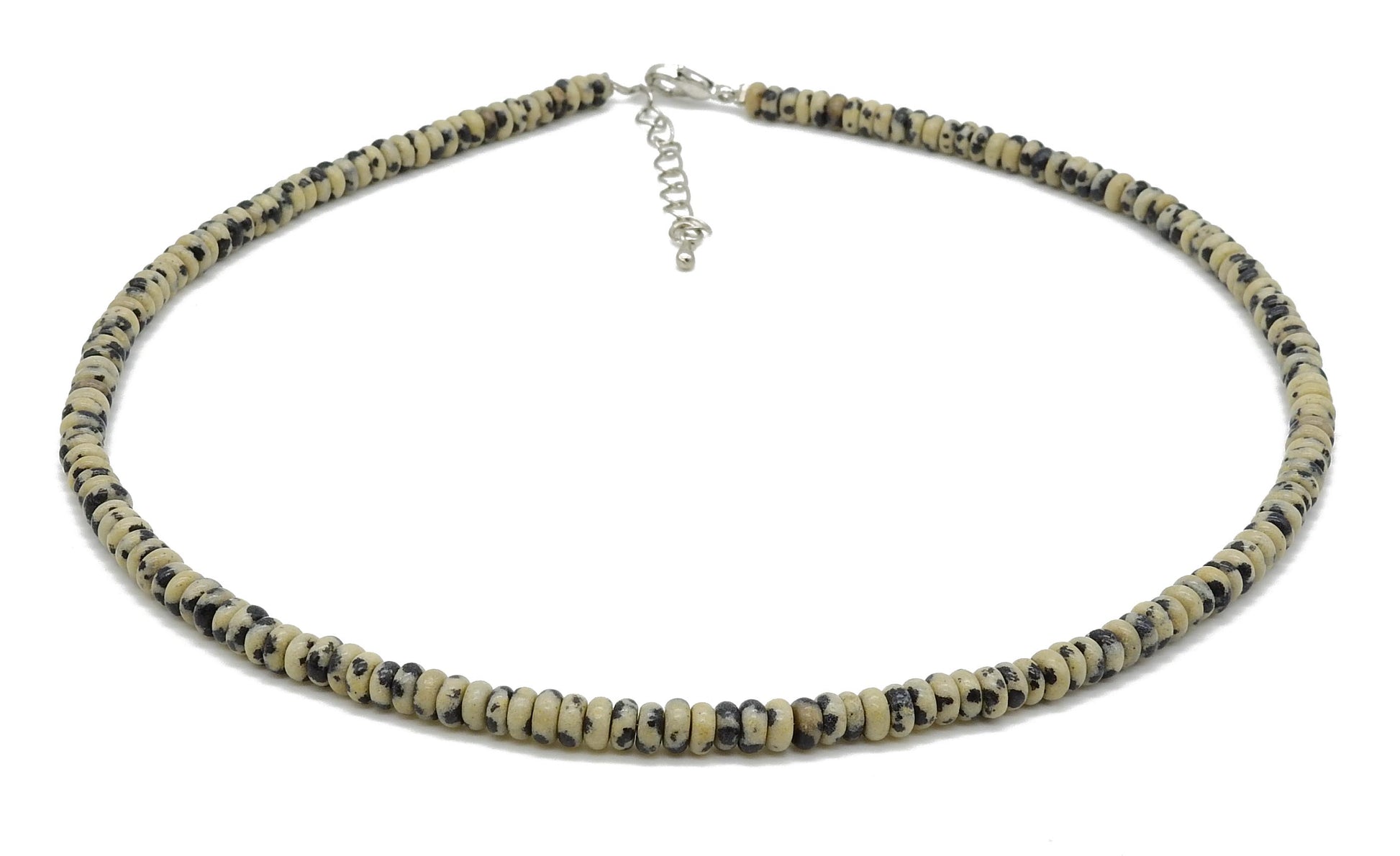 selection zen collier argenté perles plates jaspe dalmatien 4mm avec chaine de réglage argentée