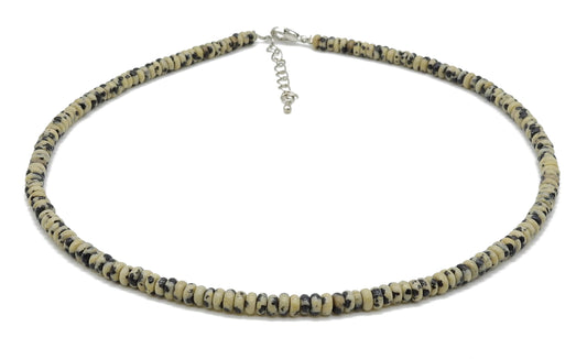 selection zen collier argenté perles plates jaspe dalmatien 4mm avec chaine de réglage argentée