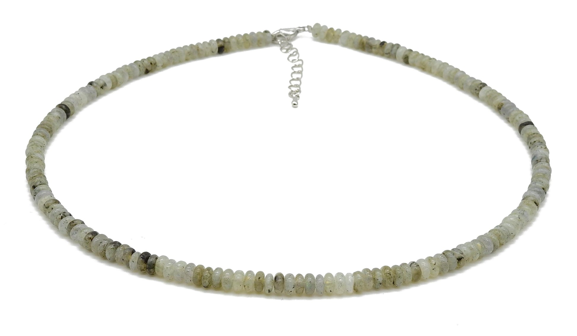 selection zen collier argenté perles plates 4mm labradorite avec chaine de réglage argentée