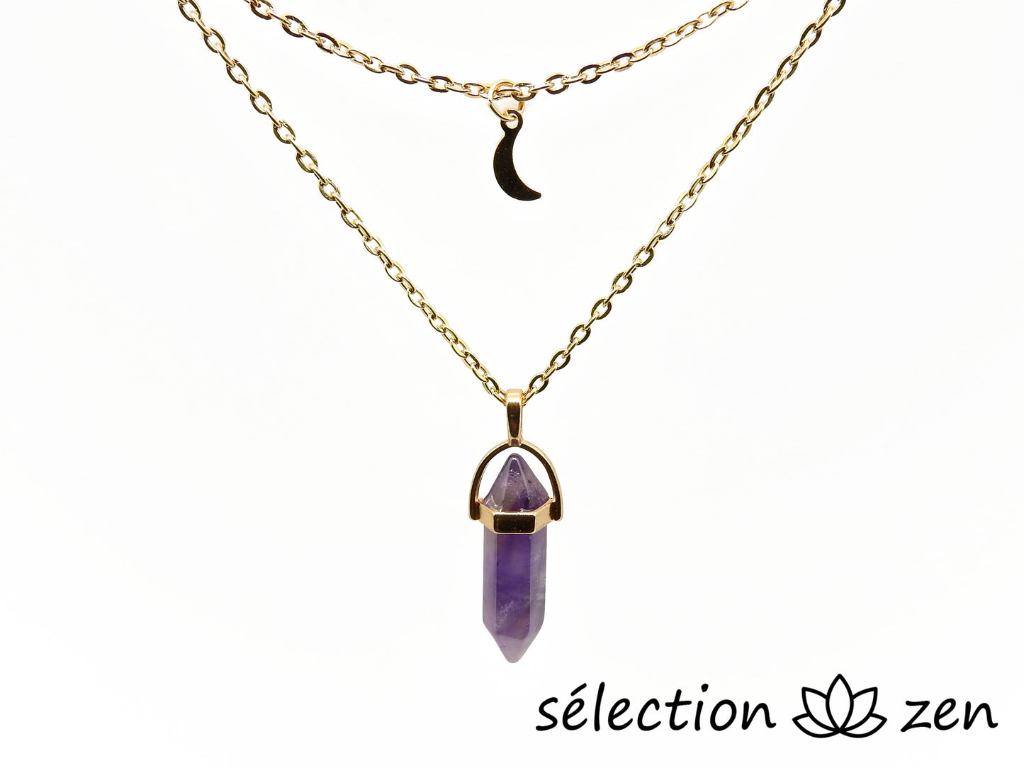 selection zen collier doré double chaine avec pendentif lune et pendentif double pointe améthyste