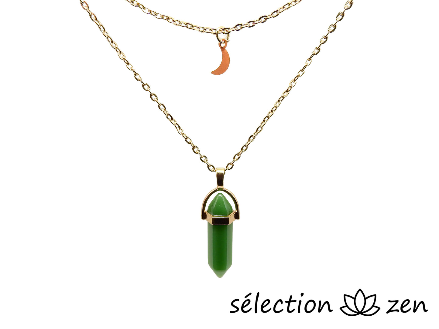 selection zen collier double chaine dorée avec pendentif lune et pendentif double pointe aventurine