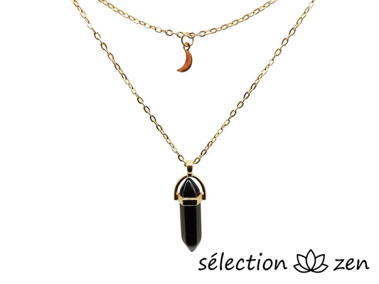 selection zen collier doré pendentif lune et pendentif double pointe onyx noir brillant