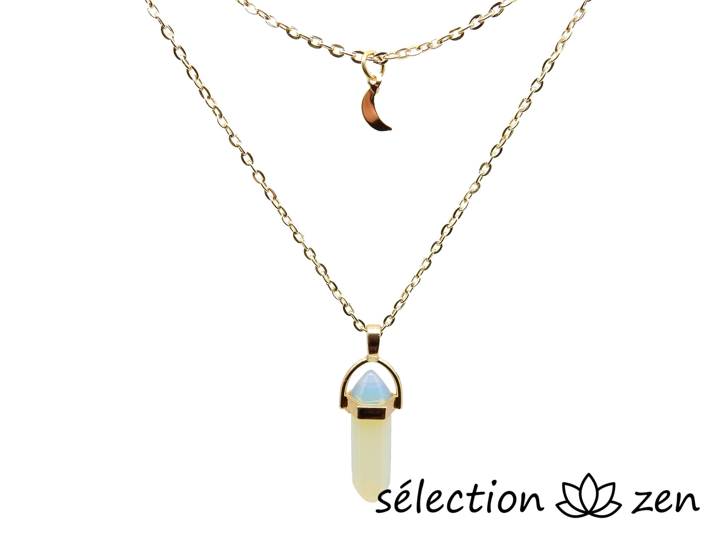 selection-zen collier doré double chaine pendentif lune et pendentif double pointe opalite