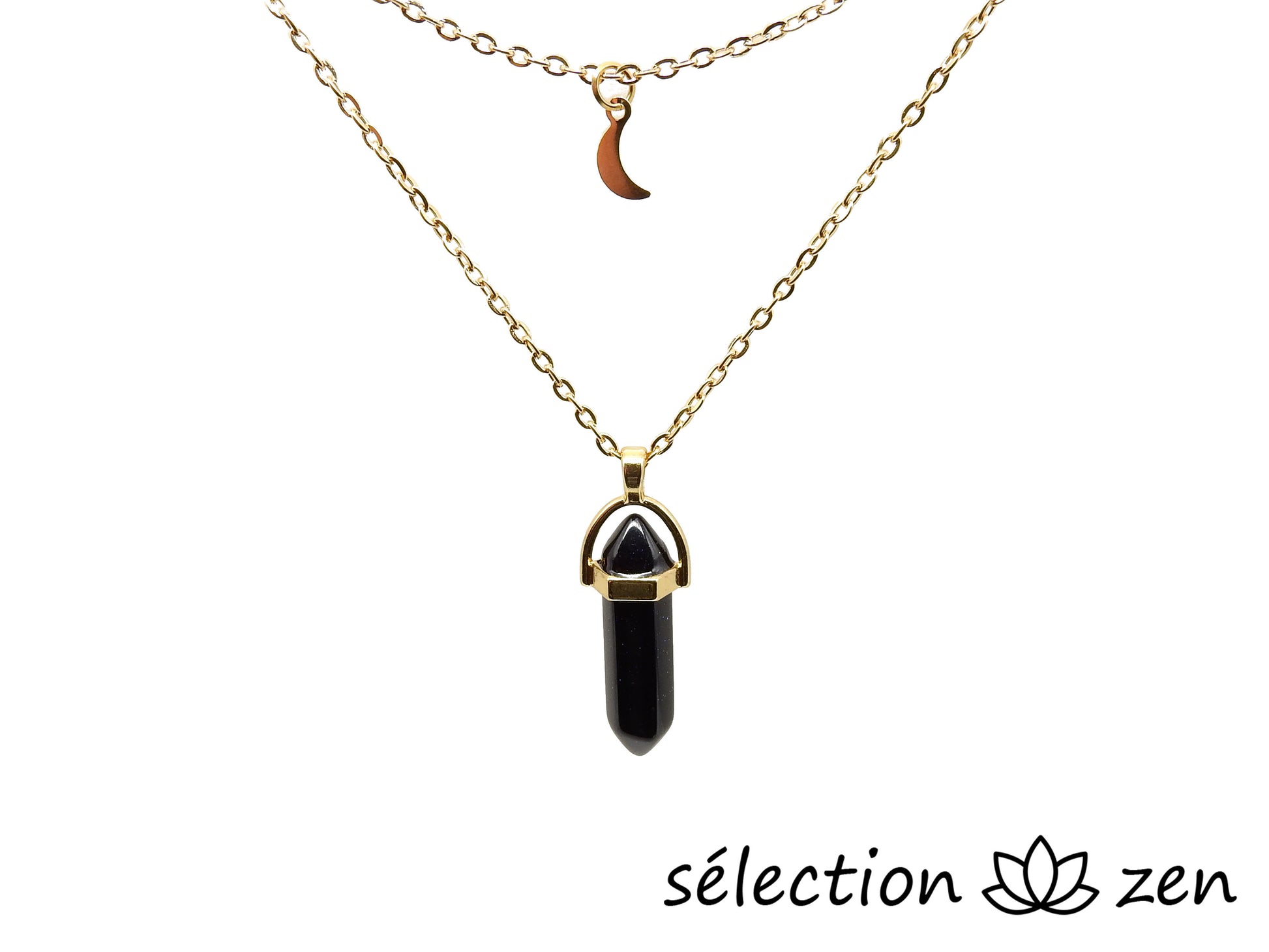 selection zen collier double chaine pendentif lune et pendentif double pointe pierre de sable bleu