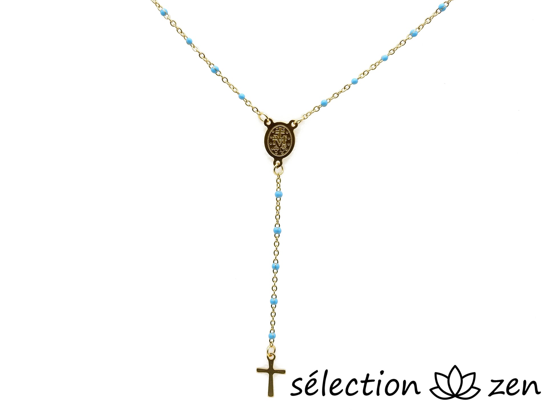 collier religieux croix et médaillon doré et bleu clair selection-zen