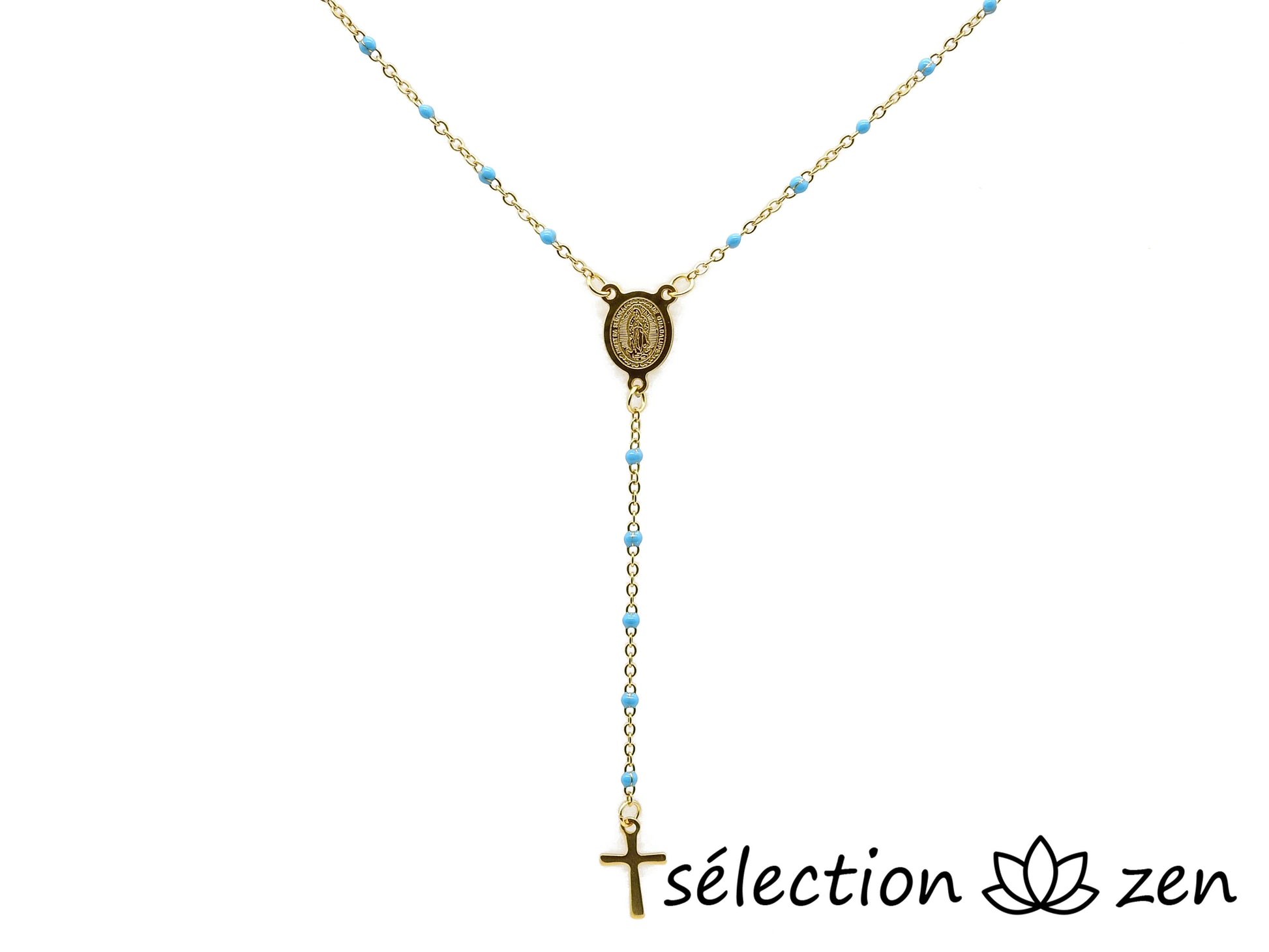 selection zen collier religieux croix et médaillon doré et bleu clair 