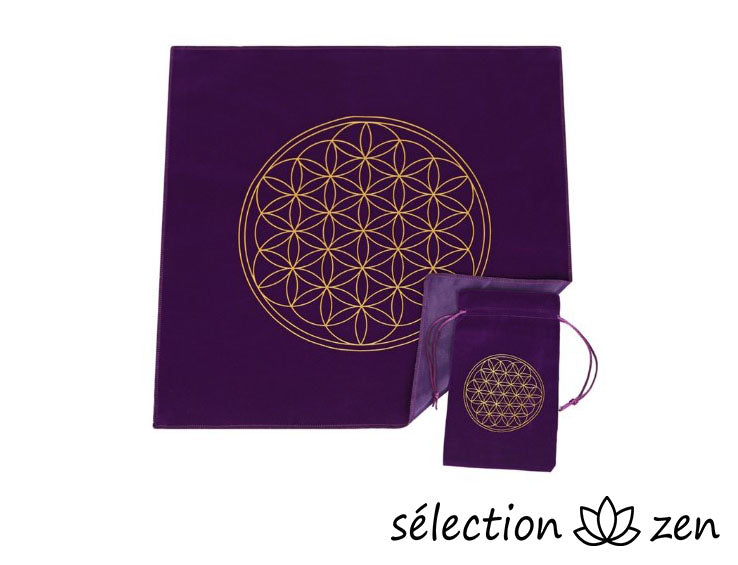 selection zen nappe de divination violette avec pochette fleur de vie dorée