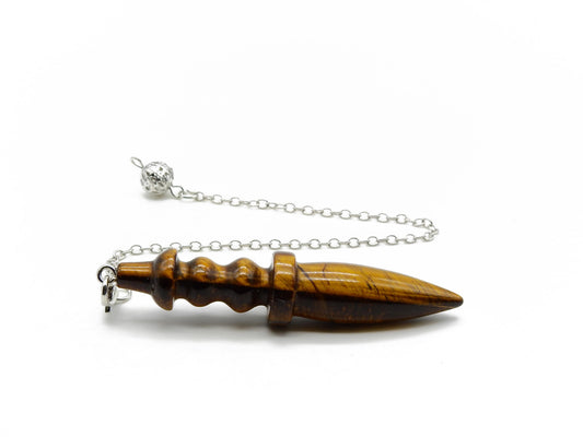 selection zen pendule de thot grand modèle en œil de tigre jaune avec chaine argentée