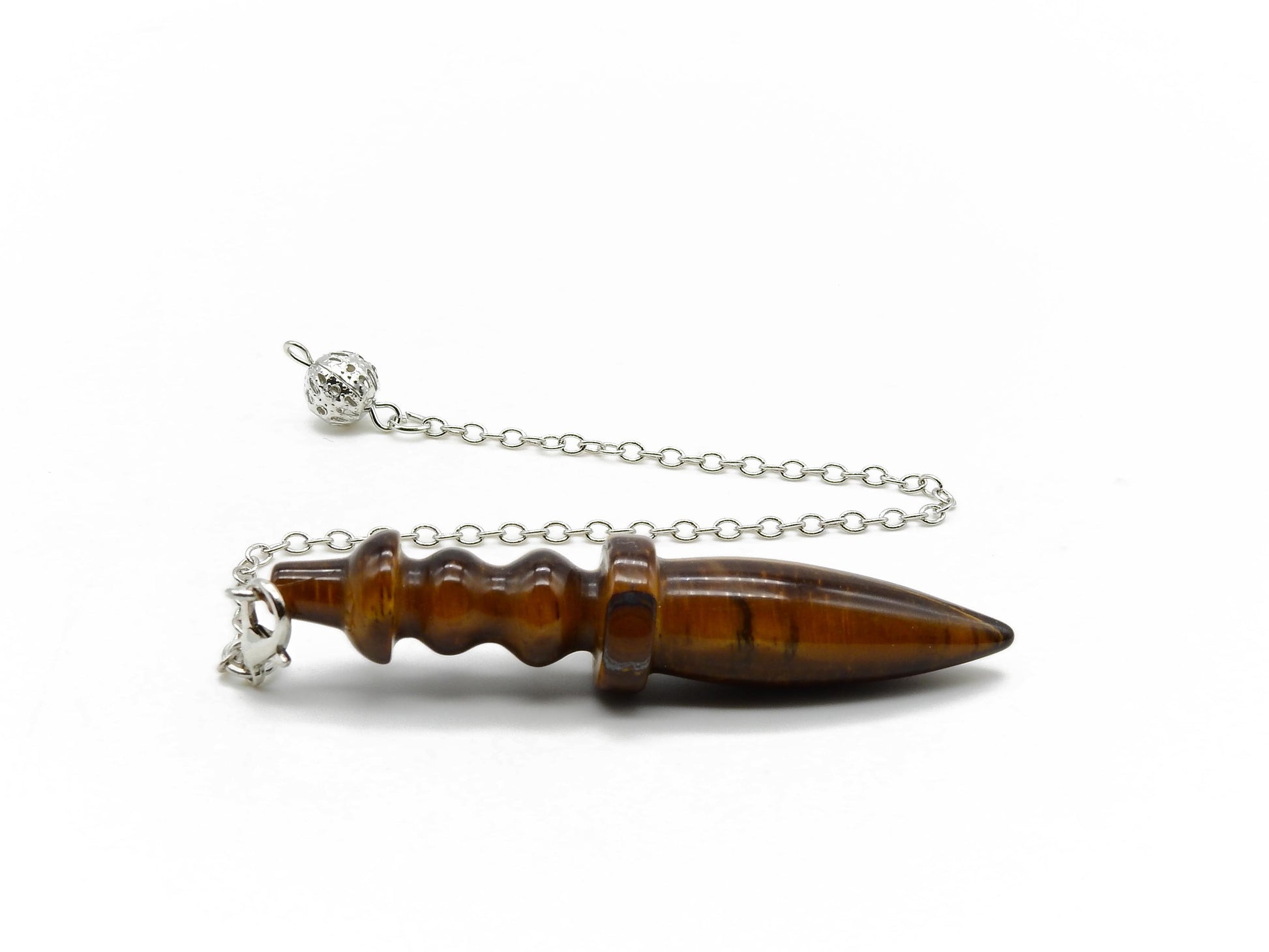 pendule de thot grand modèle en œil de tigre jaune avec chaine argentée selection-zen