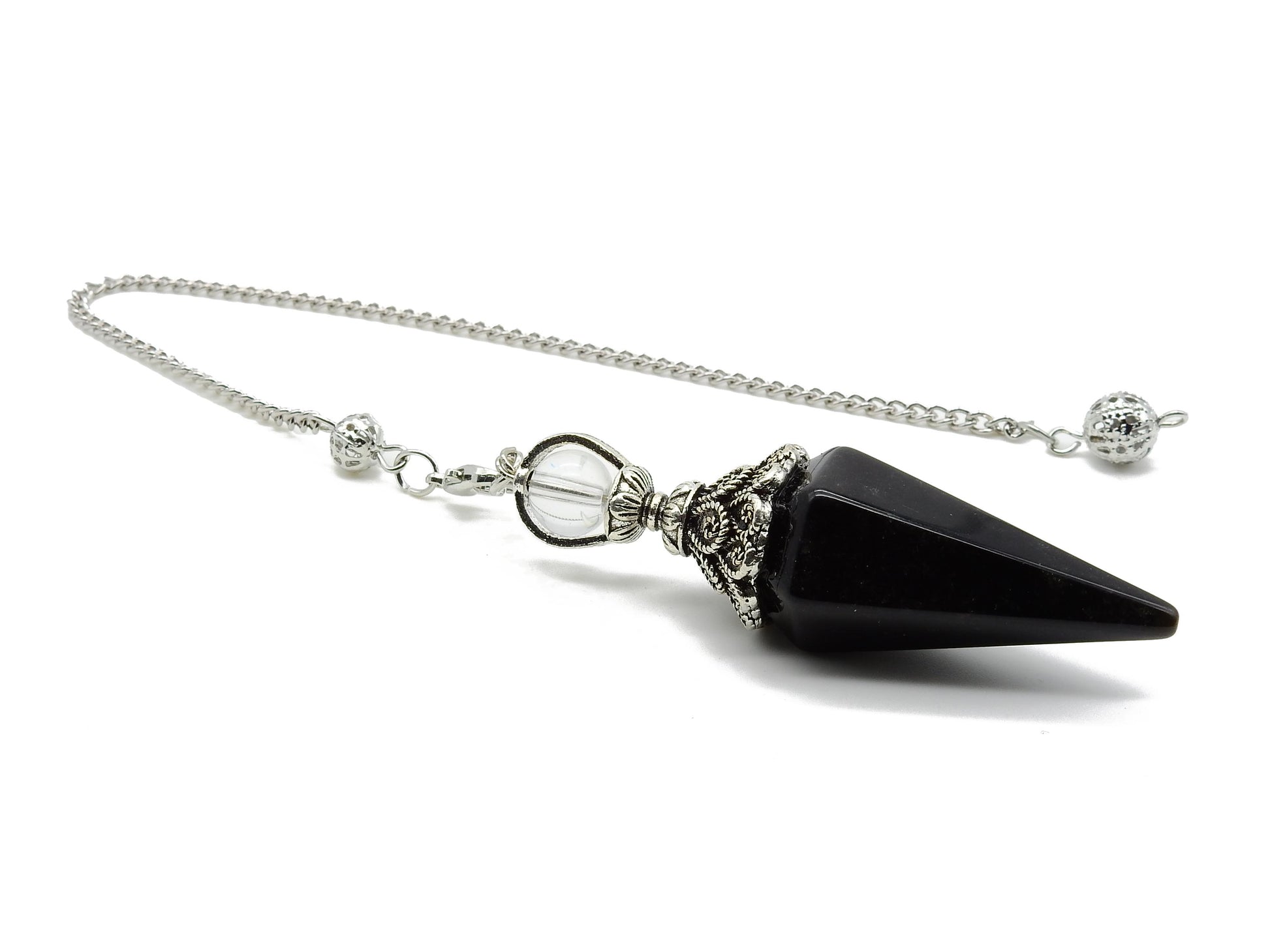 selection zen pendule duo pointe grand modèle agate noire avec perle 8mm cristal de roche et chaine argentée