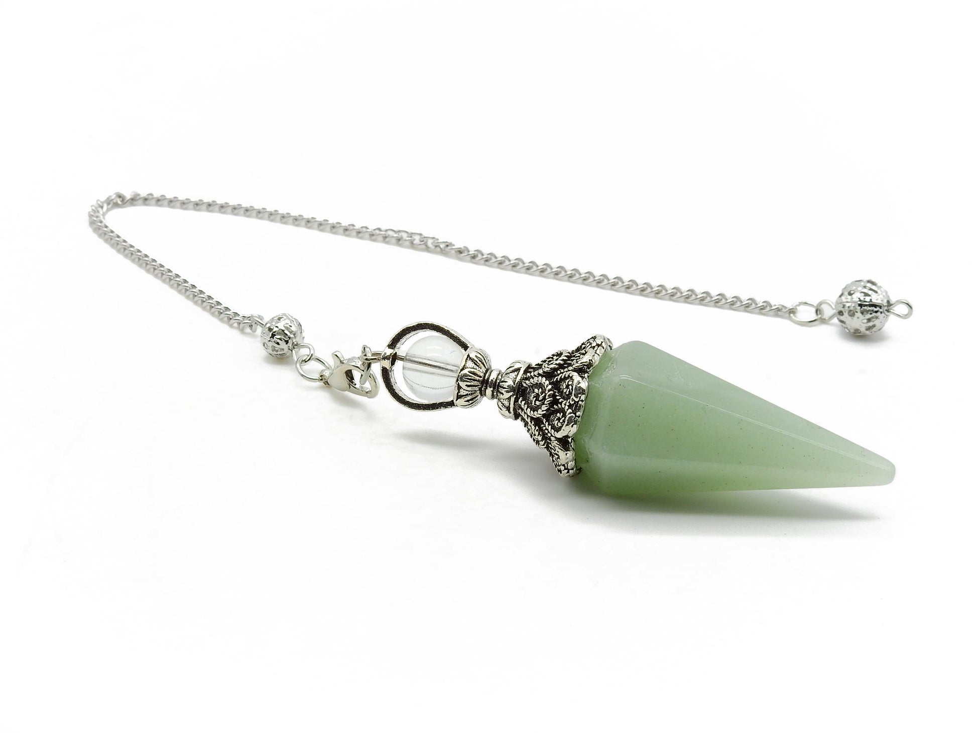 selection zen pendule duo pointe grand modèle aventurine avec perle 8mm cristal de roche et chaine argentée