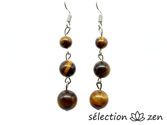 boucles d'oreilles 3 perles oeil de tigre jaune selection-zen