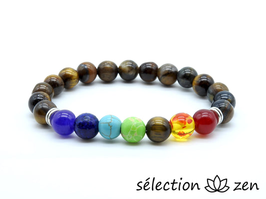 bracelet 7 chakras oeil de tigre 8mm argenté selection-zen