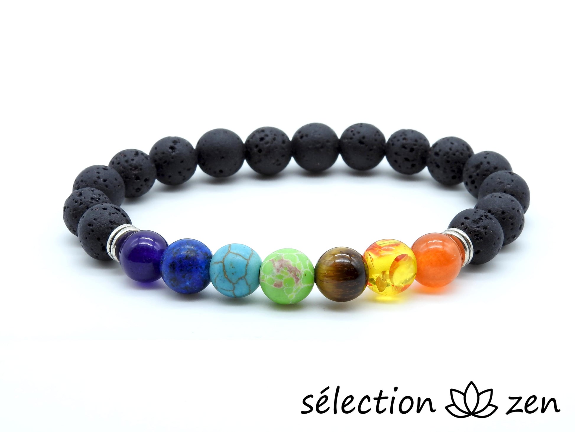 bracelet 7 chakras 8mm argenté pierre de lave selection-zen