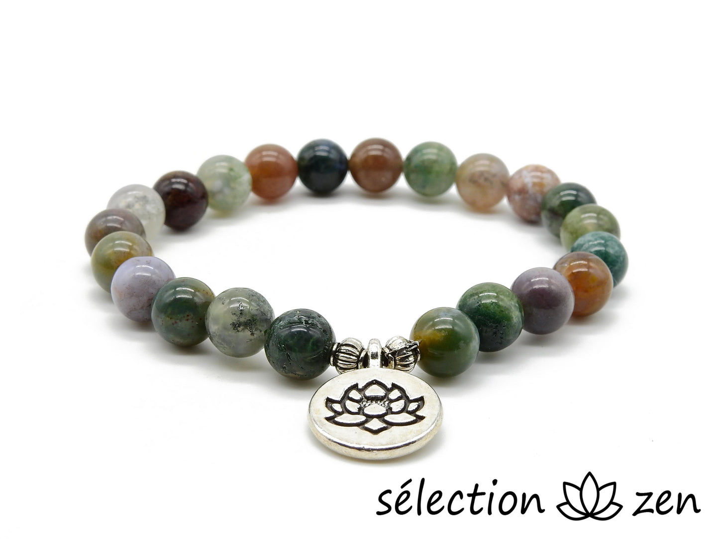 bracelet 8mm agate indienne avec médaillon lotus selection zen