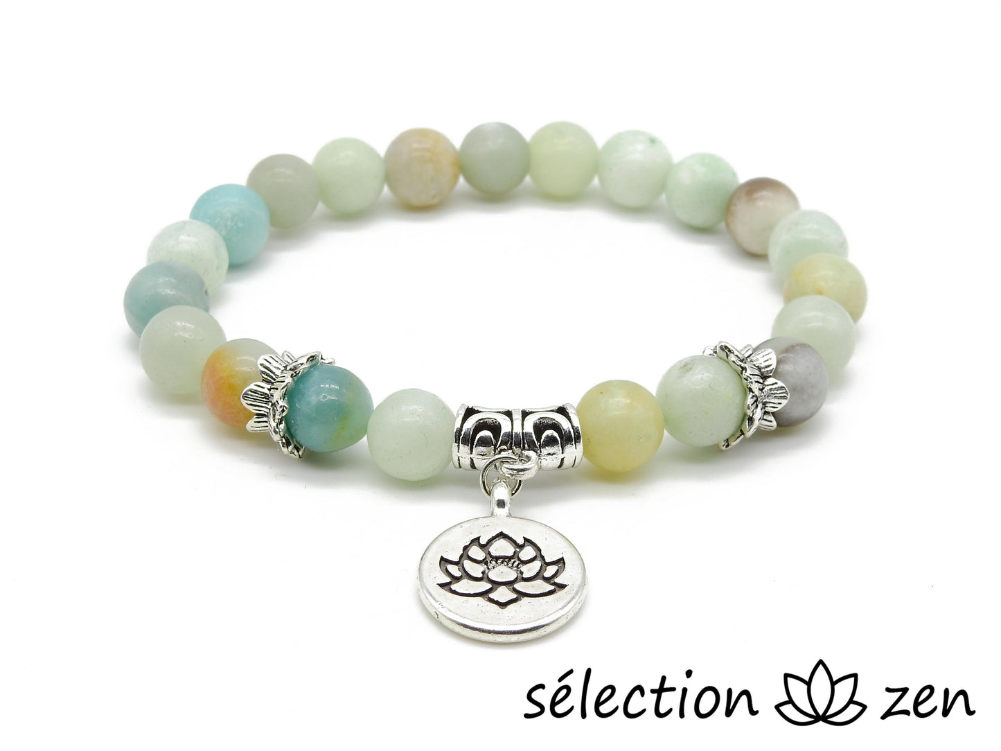 bracelet amazonite 8mm avec médaillon lotus selection zen