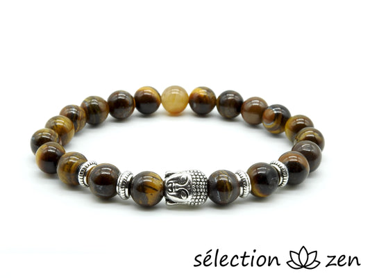 bracelet bouddha argenté oeil de tigre jaune 8mm 19cm selection-zen